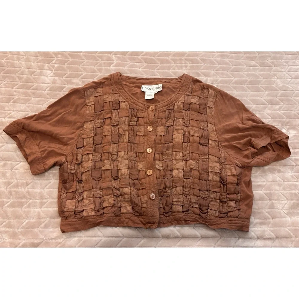 Whimsigoth Boho Smocked Crop Top Rust Brown Basketweave Shirt Y2K Style Women L - Picture 3 of 14